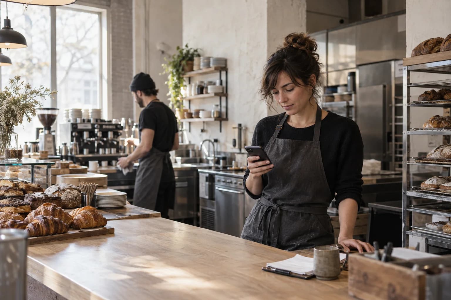 A café team member checking her phone before her shift