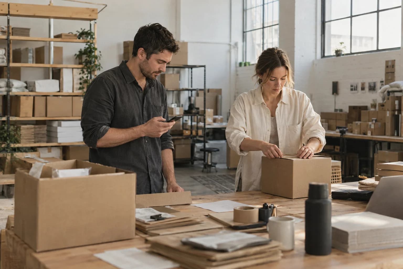 Colleagues preparing customer orders at a packing bench