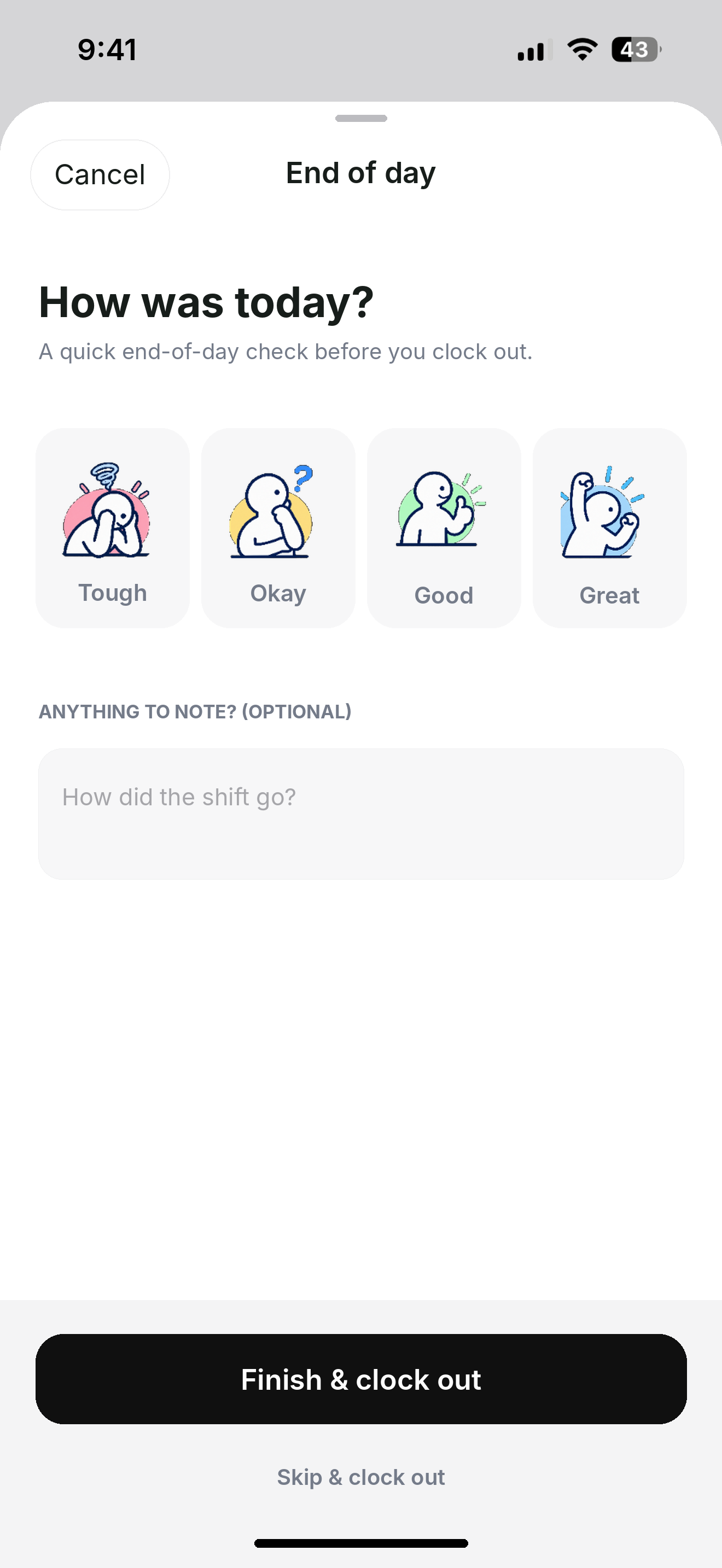 PAX End of Day screen with four mood characters, an optional shift note, and finish and clock out controls
