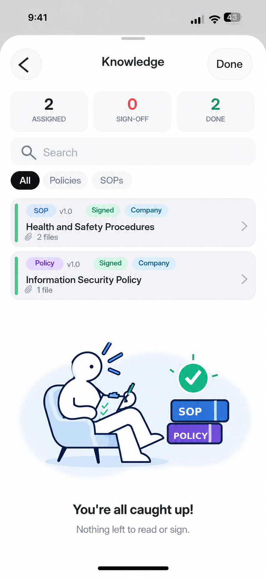 PAX Knowledge screen showing assigned policies, SOPs and sign-off progress