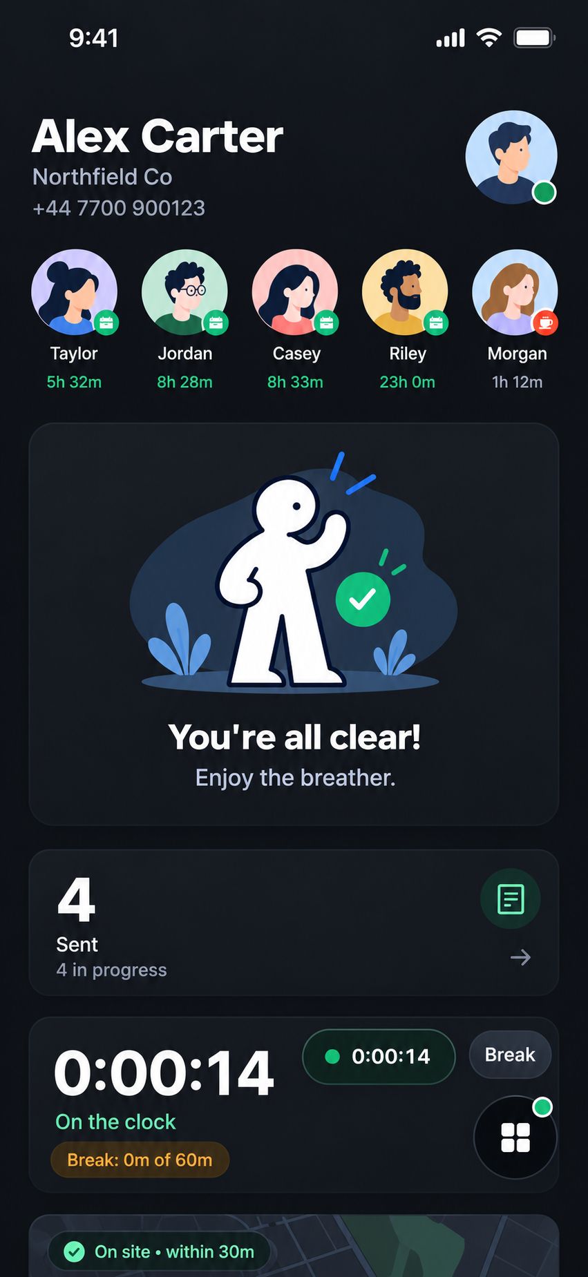 PAX team dashboard in dark mode, showing attendance and live clock information