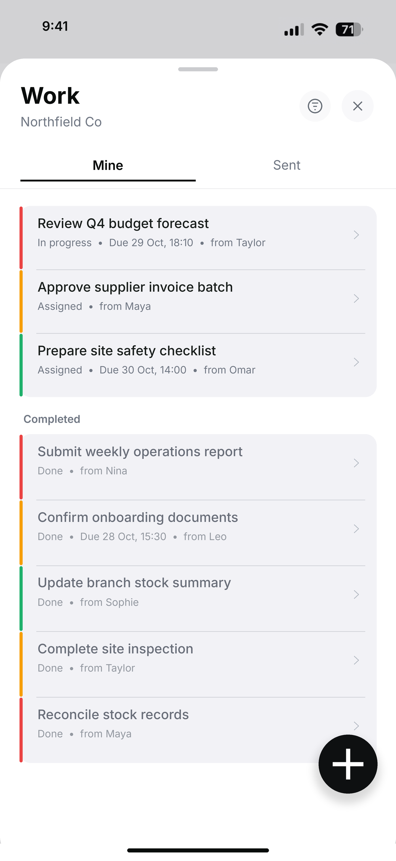 PAX Work screen showing assigned, in-progress and completed tasks