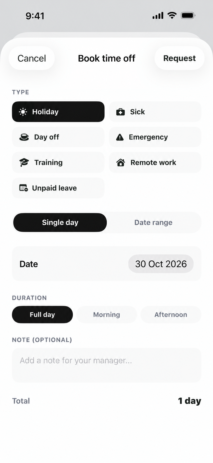 PAX leave request screen showing leave type, dates, duration, and an optional note for a manager